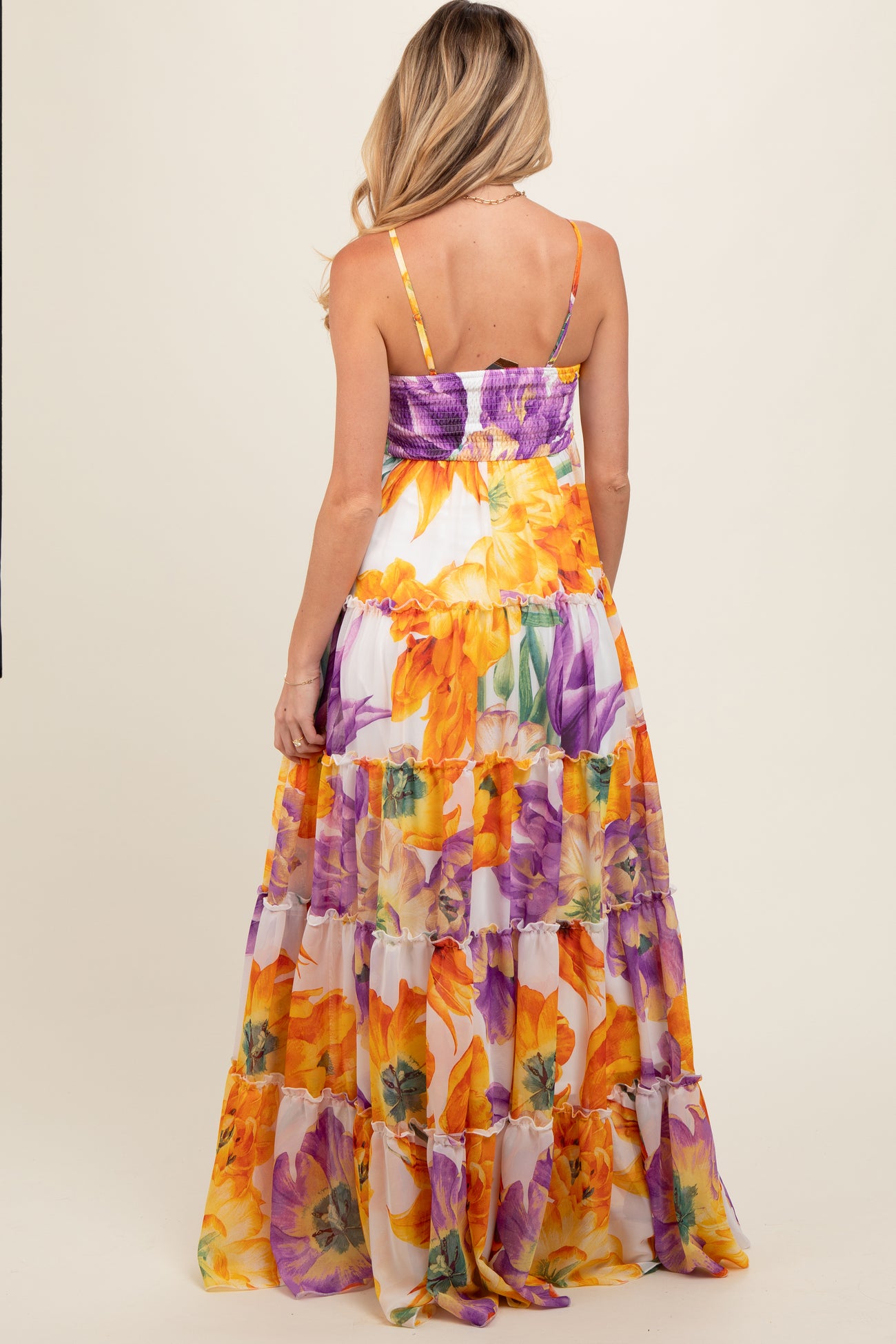 Purple Floral Top Accent Tiered Maternity Maxi Dress