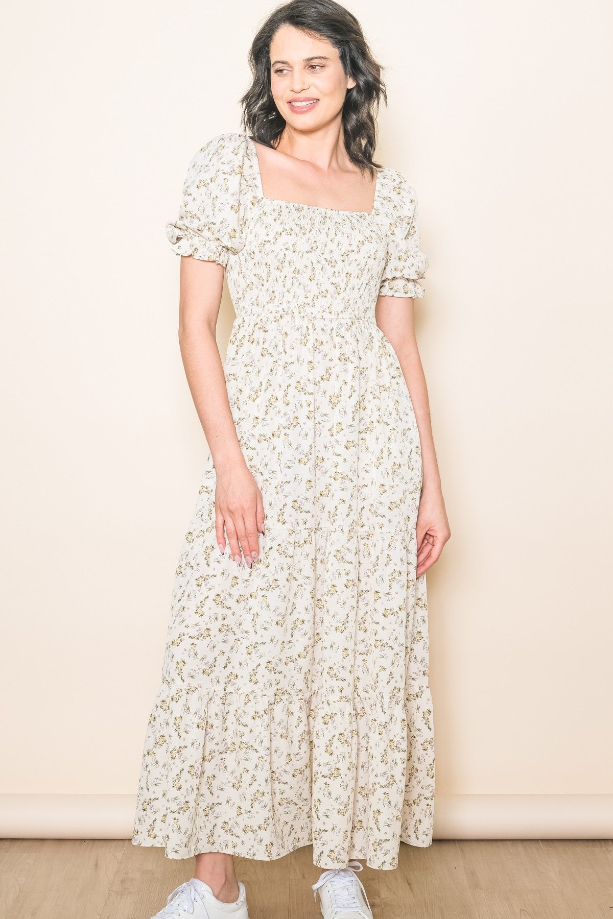 Cream Floral Smocked Square Neck Tiered Puff Short Sleeve Maternity Maxi Dress