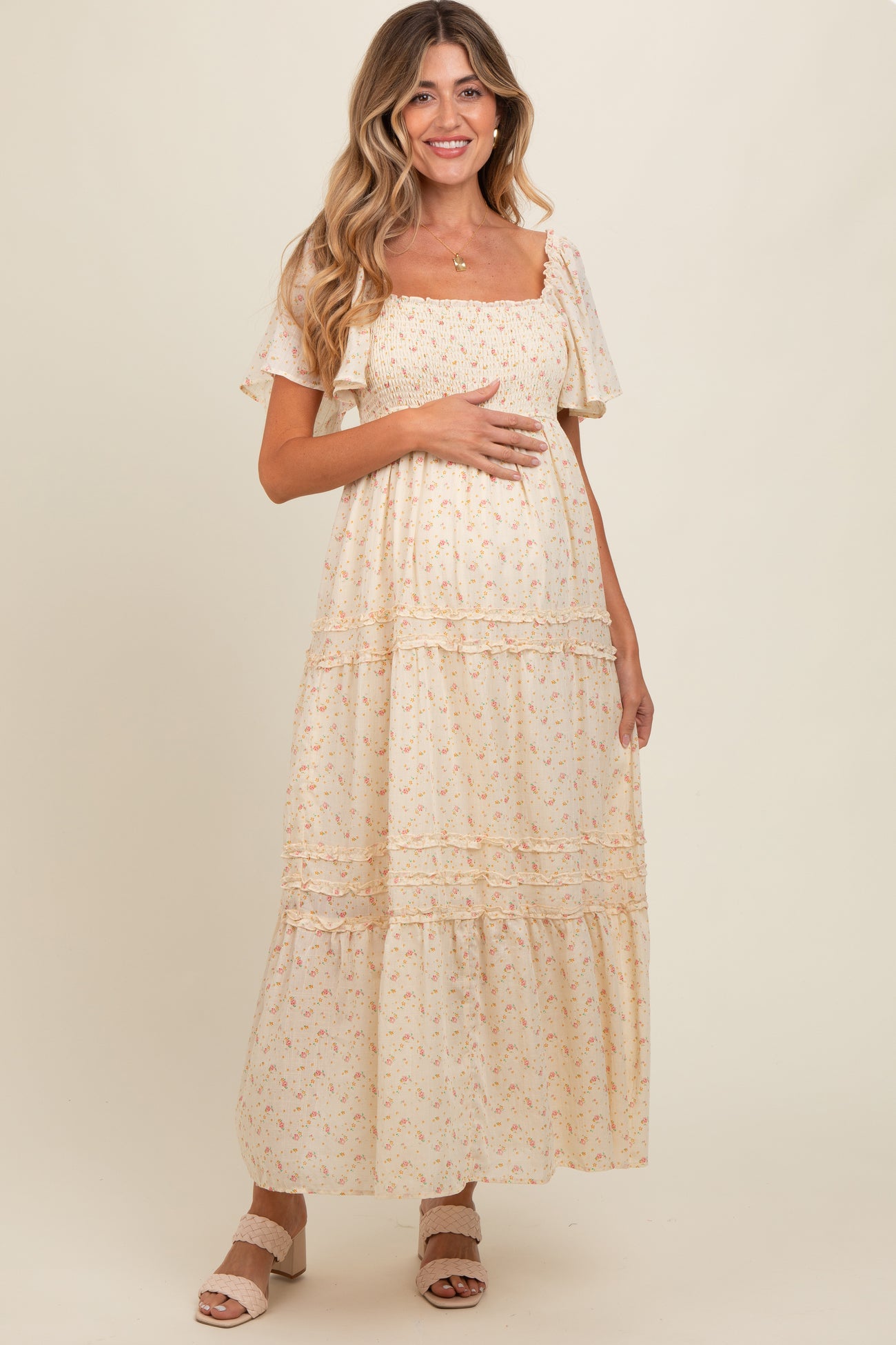 Cream Floral Smocked Square Neck Flutter Sleeve Maternity Midi Dress