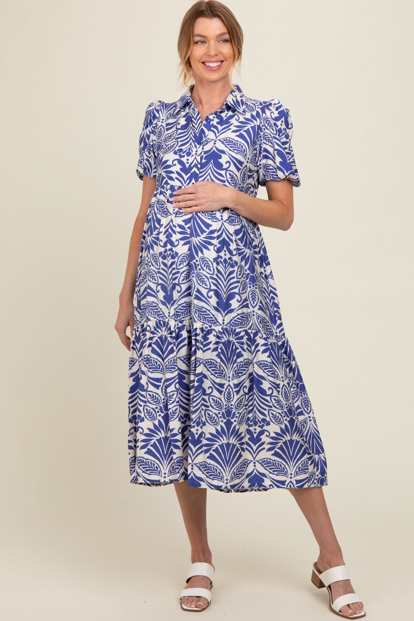 Royal Blue Damask Print Button Down Maternity Midi Dress