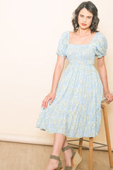Light Blue Floral Puff Sleeve Smocked Chest Dress