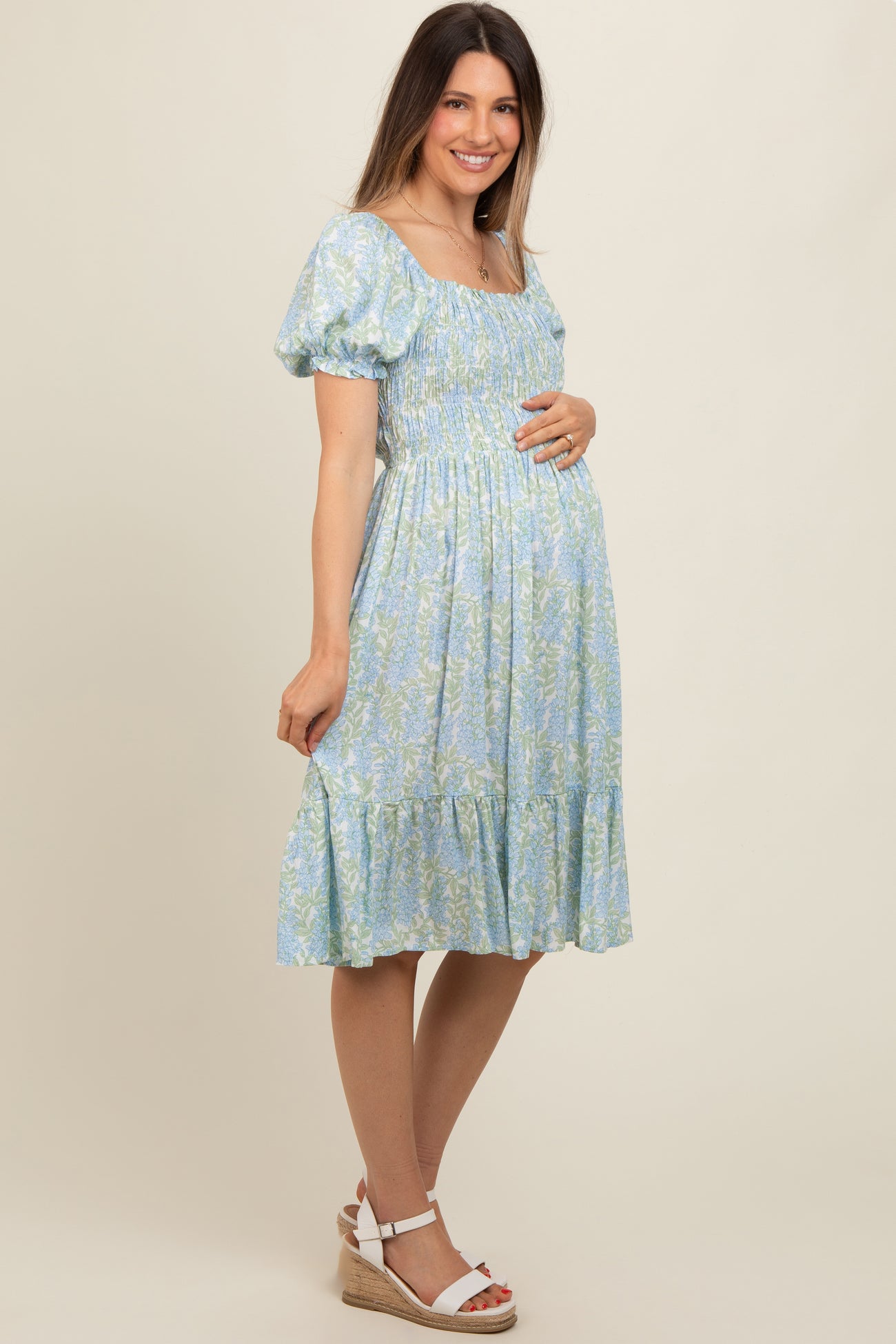 Light Blue Floral Puff Sleeve Smocked Chest Maternity Dress