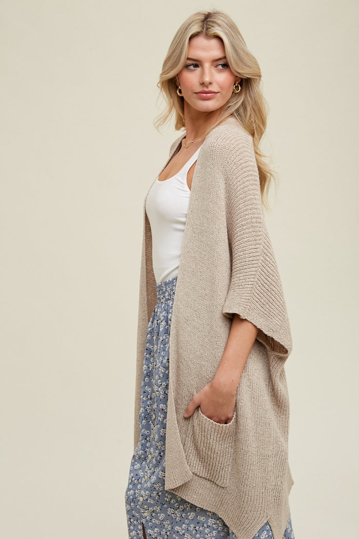 Cream Drop Shoulder Side Pocket 3/4 Sleeve Cardigan