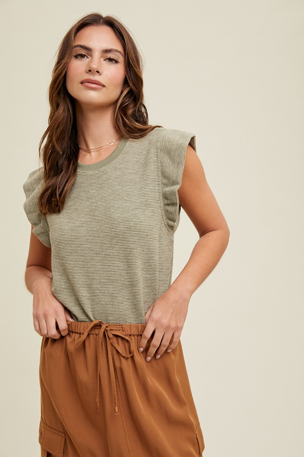 Olive Striped Ruffle Sleeve Maternity Top