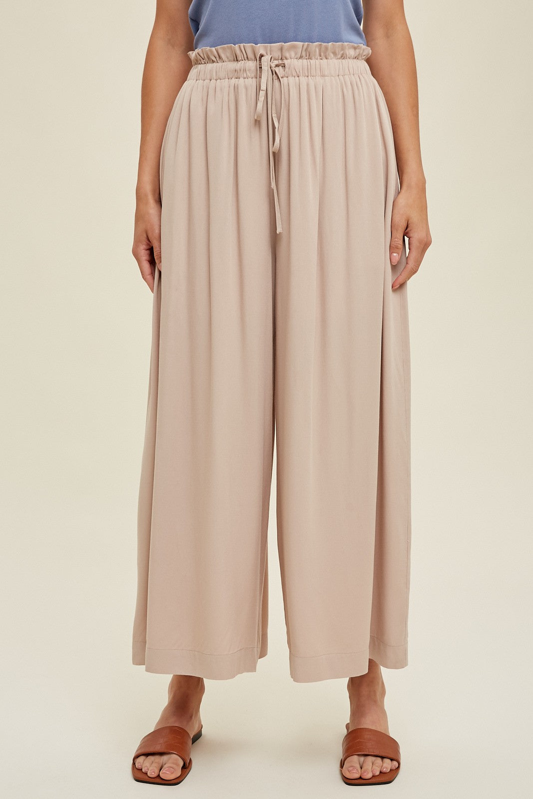 Beige Pleated Elastic Waist Wide Leg Crop Pants