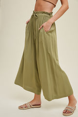 Olive Pleated Elastic Waist Wide Leg Crop Pants