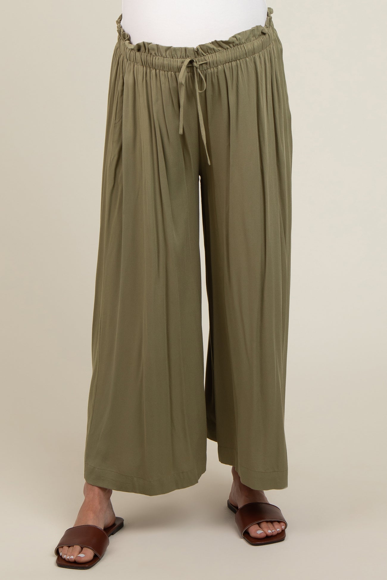 Olive Pleated Elastic Waist Wide Leg Crop Maternity Pants