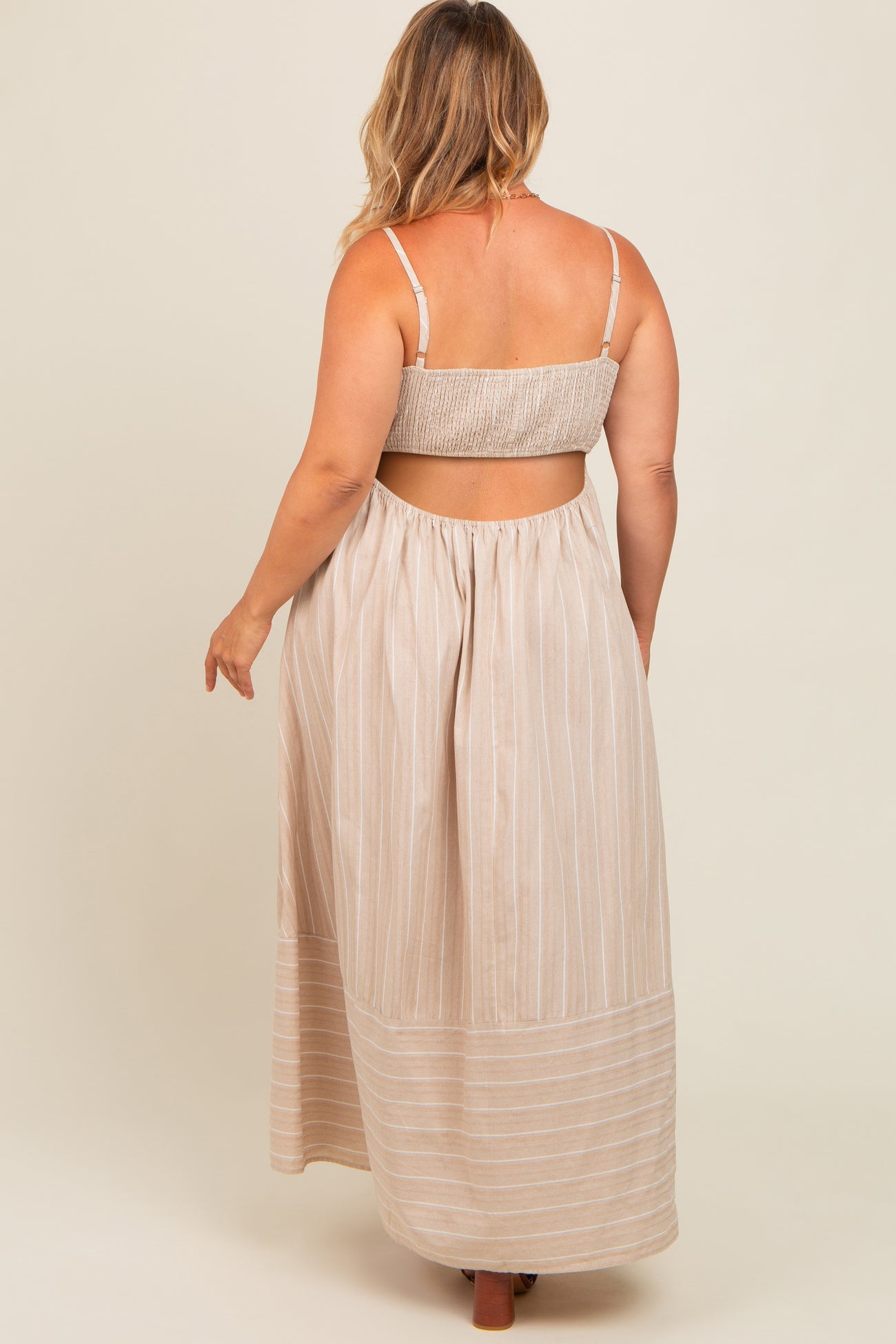 Beige Striped Cutout Back Maternity Plus Maxi Dress