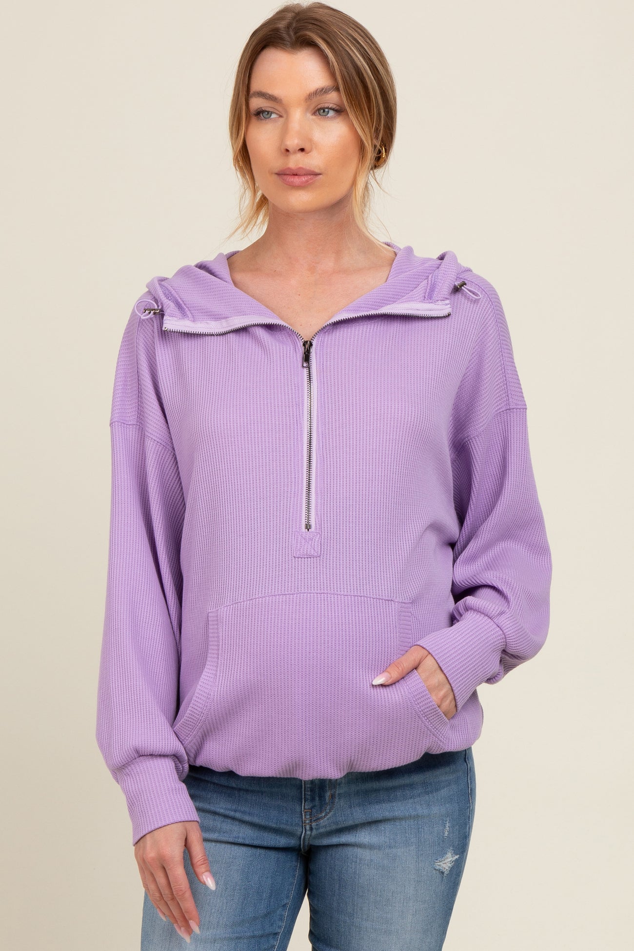 Lavender Waffle Knit Half Zip Relaxed Fit Maternity Hoodie