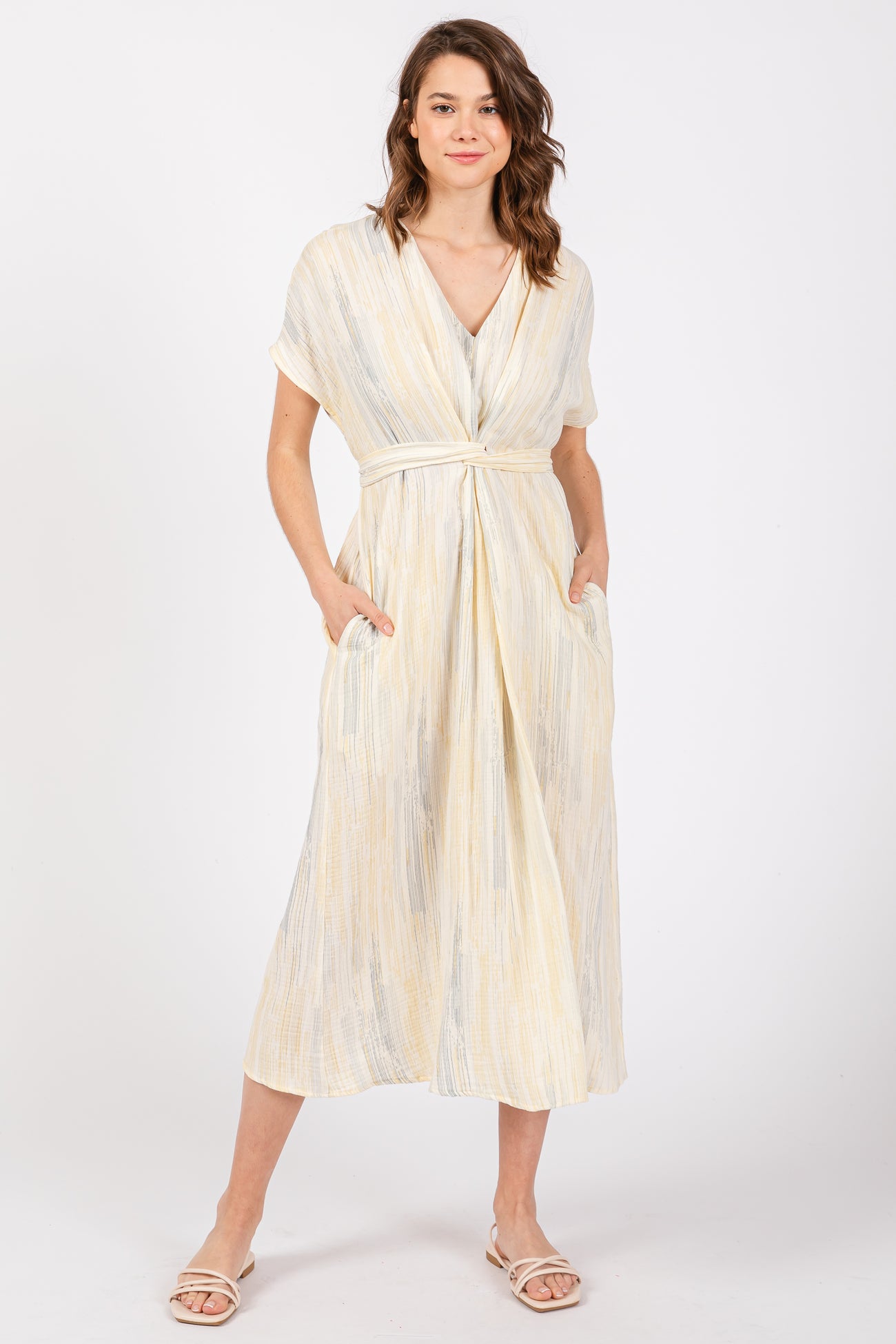 Cream Abstract Print V-Neck Maternity Midi Dress