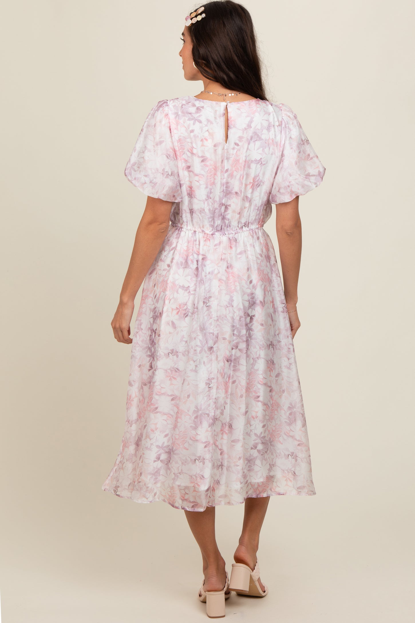 Pink Lavender Floral Puff Sleeve Dress