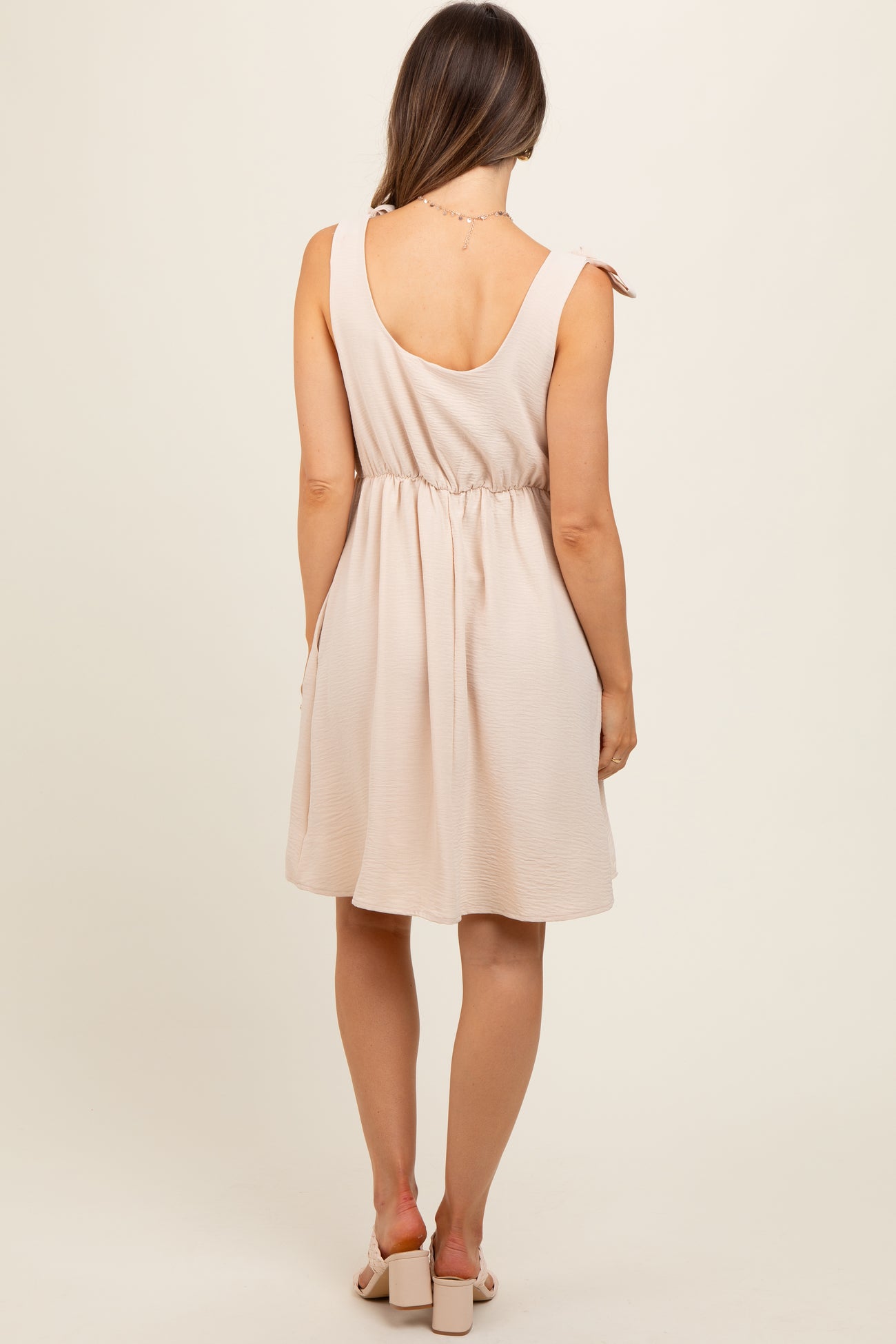 Beige Solid Tie-Shoulder Scoop Neck Maternity Dress