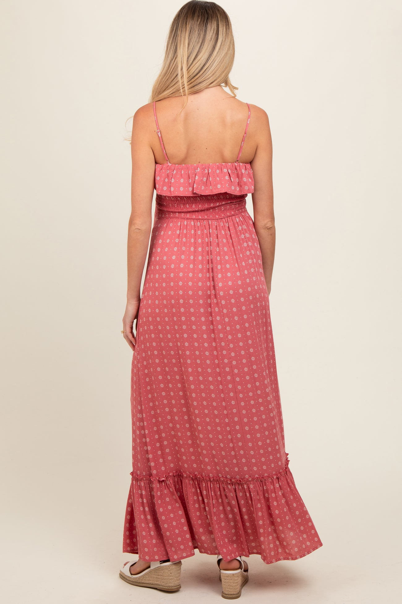 Mauve Smocked Sleeveless Floral Maternity Maxi Dress