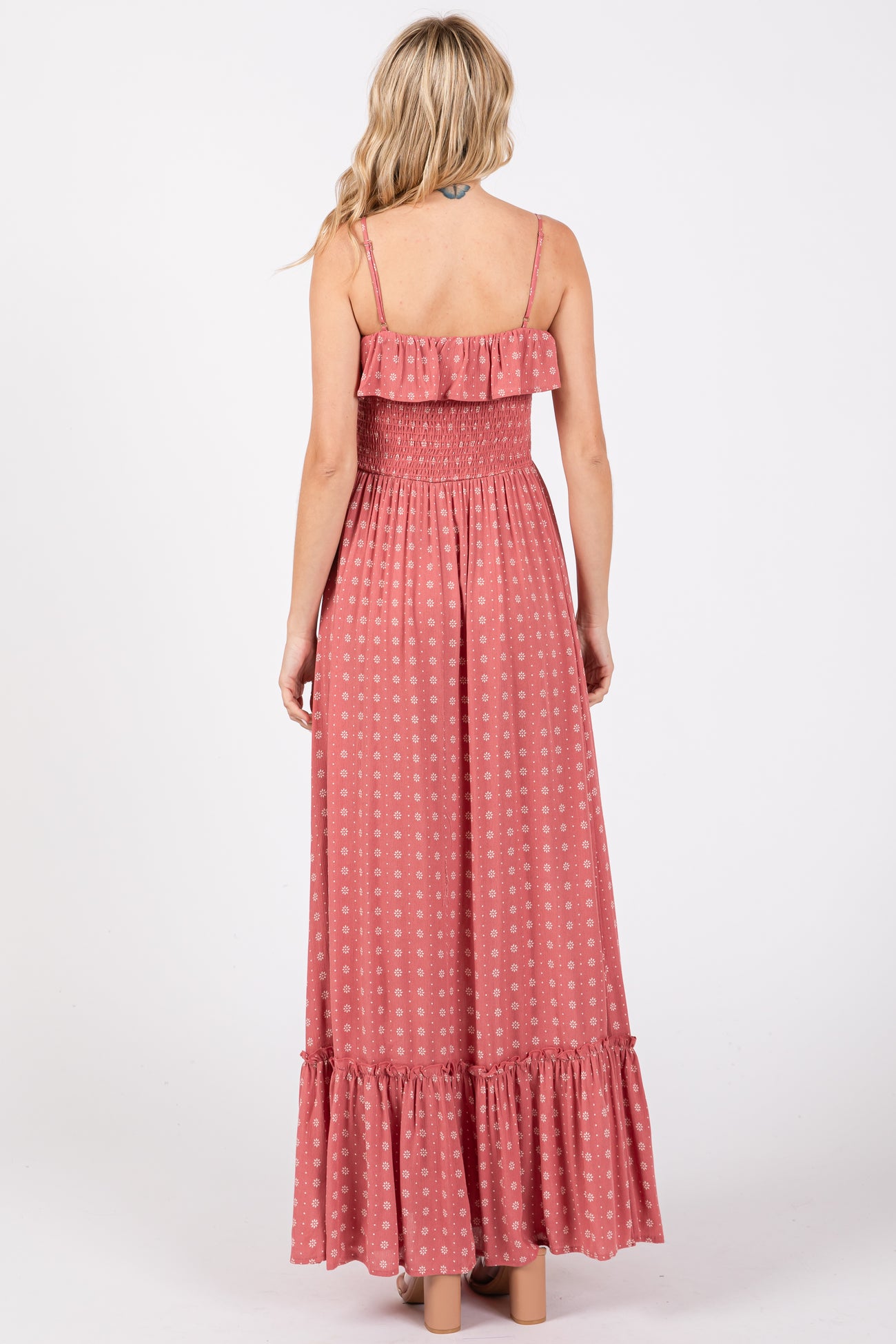 Mauve Smocked Sleeveless Floral Maxi Dress