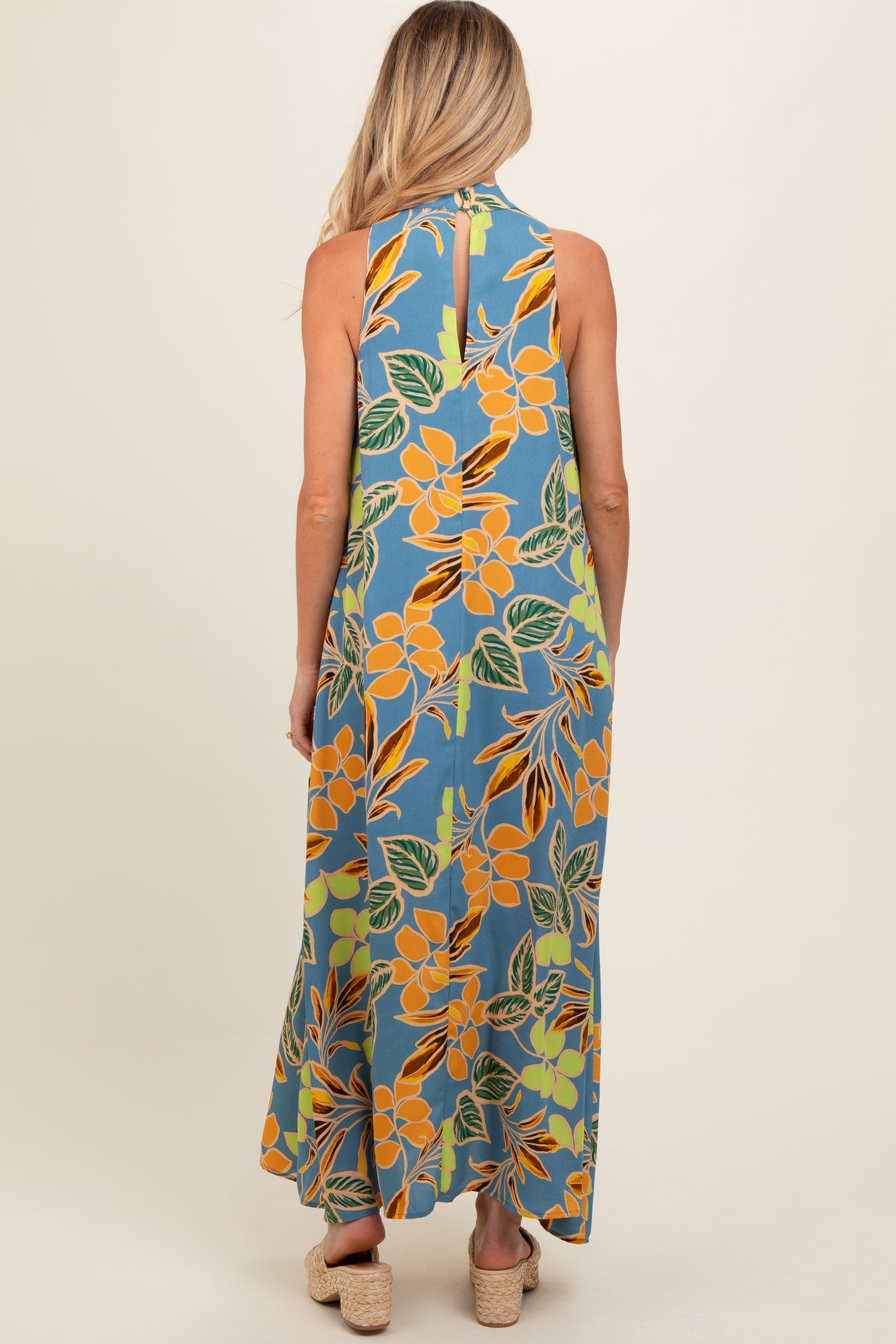 Blue Floral Halter Maternity Maxi Dress