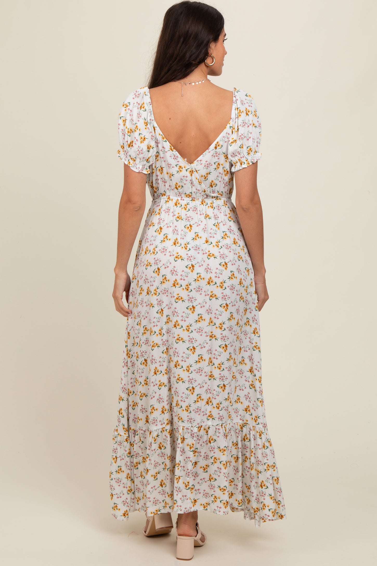 Ivory Floral Short Sleeve Maxi Dress