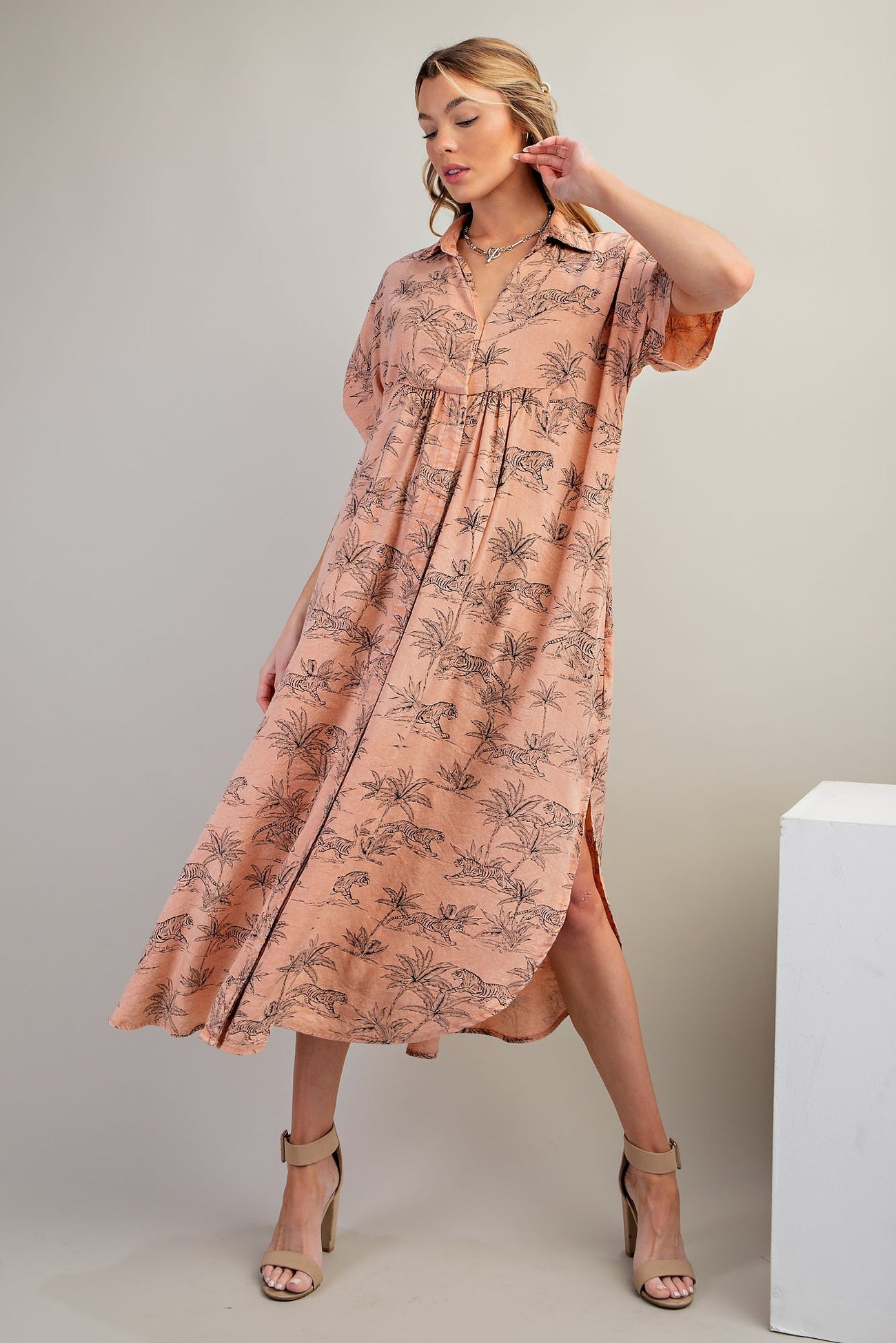 Peach Tiger Print Button Front Rounded Hem Maternity Midi Dress