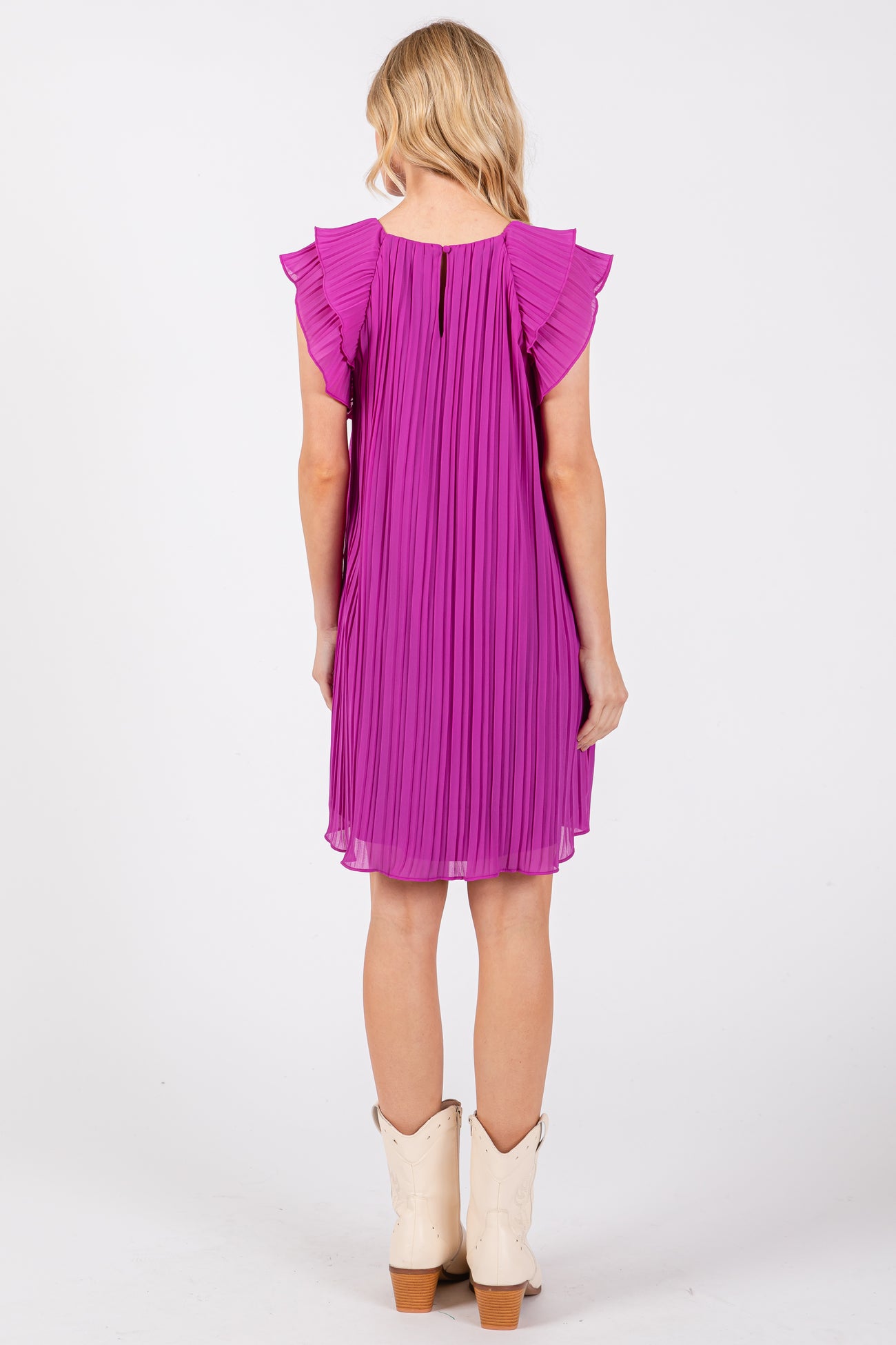 Violet Flutter Sleeve Pleated Chiffon Mini Dress
