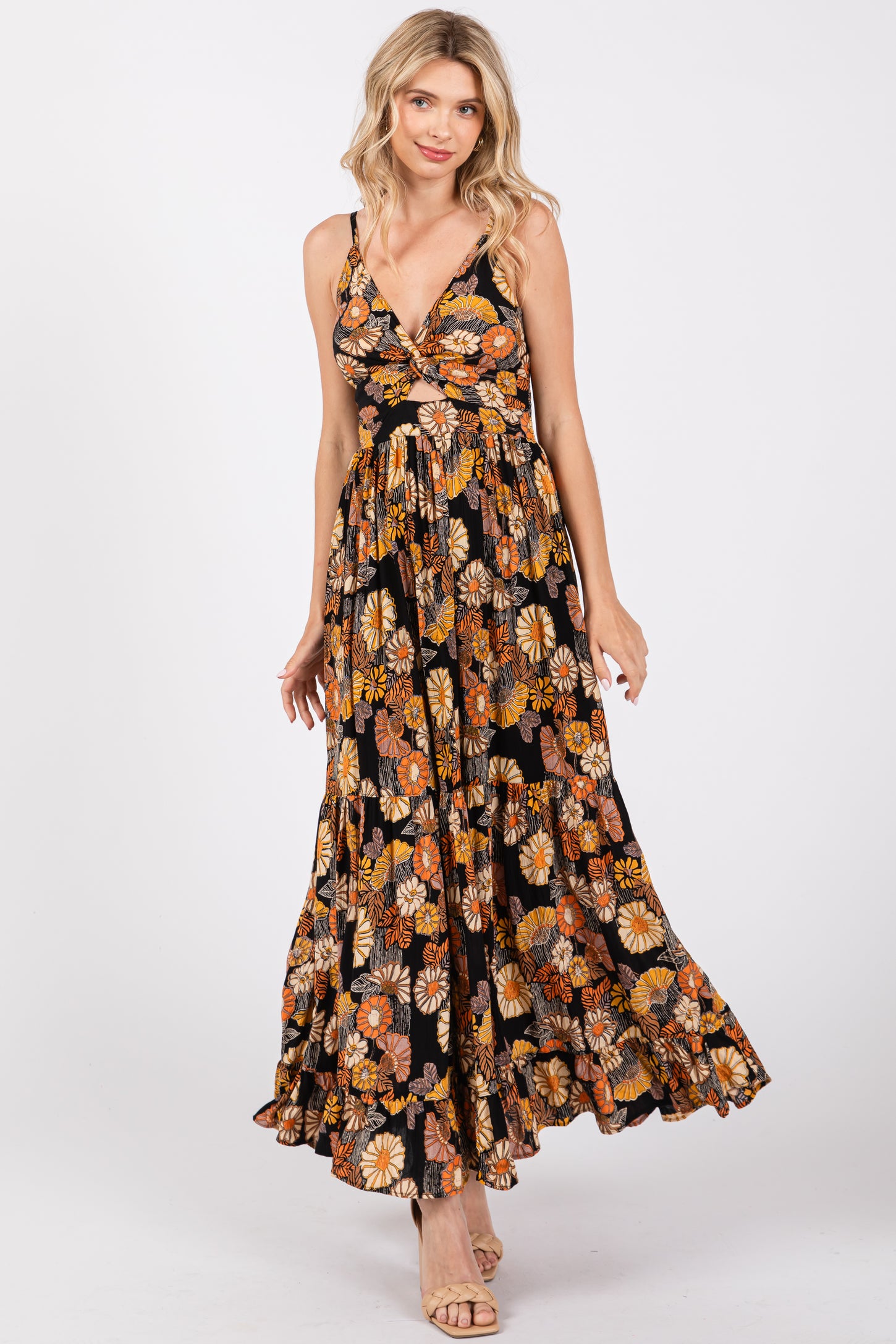 Black Floral Knot Front V-Neck Ruffle Hem Maternity Maxi Dress