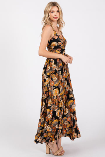 Black Floral Knot Front V-Neck Ruffle Hem Maxi Dress