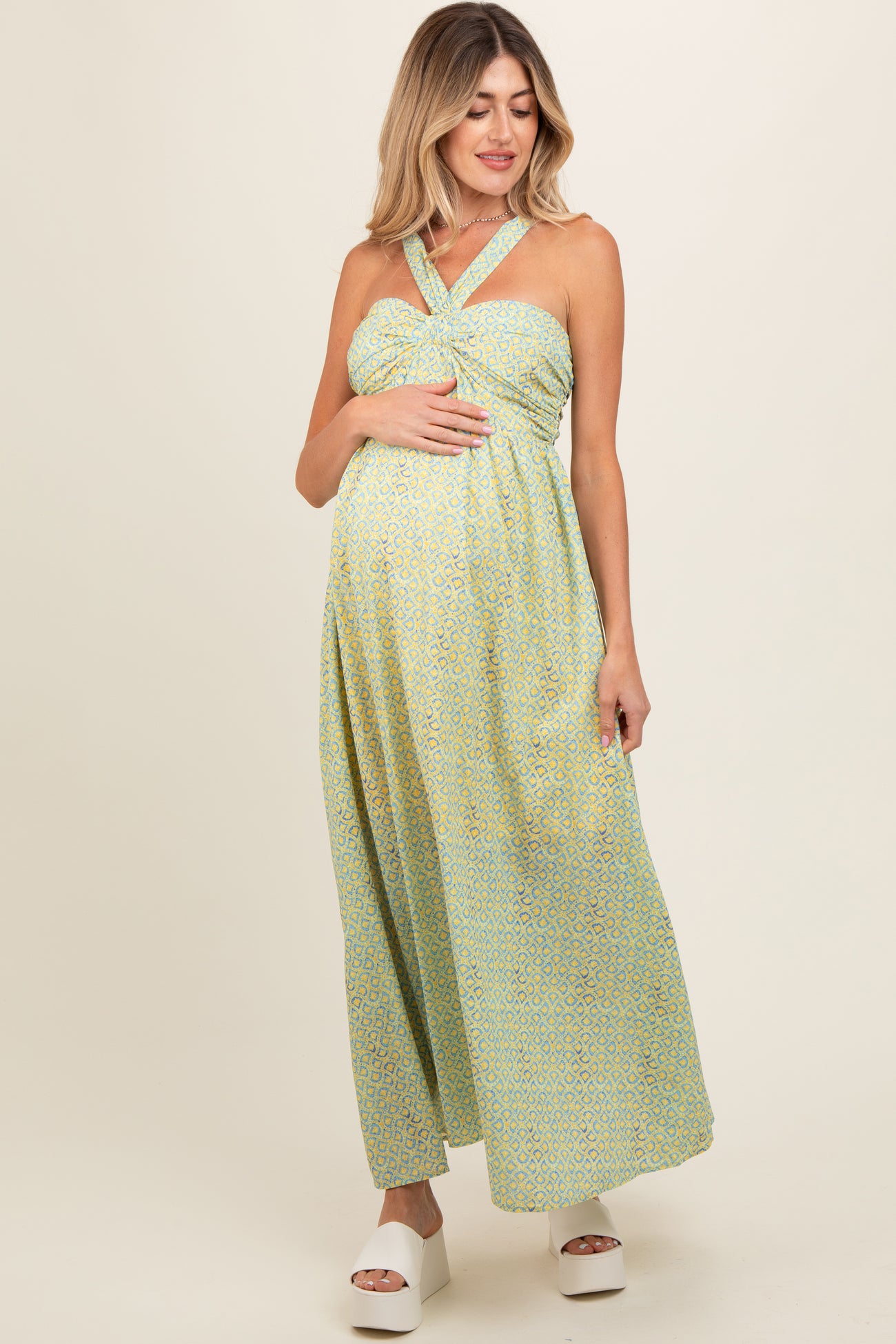 Yellow Print Halter Maternity Maxi Dress