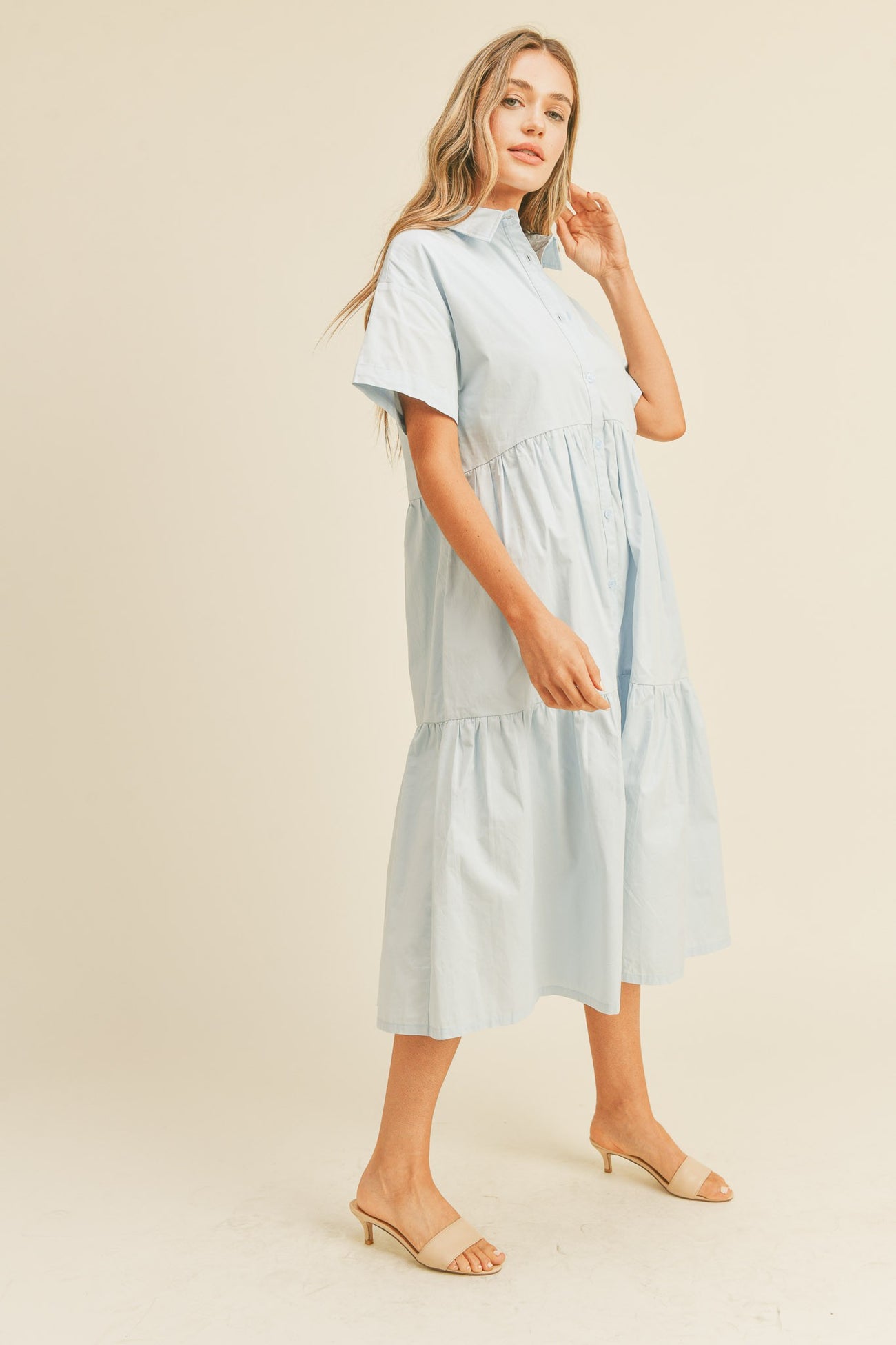 Light Blue Tiered Button Down Midi Dress