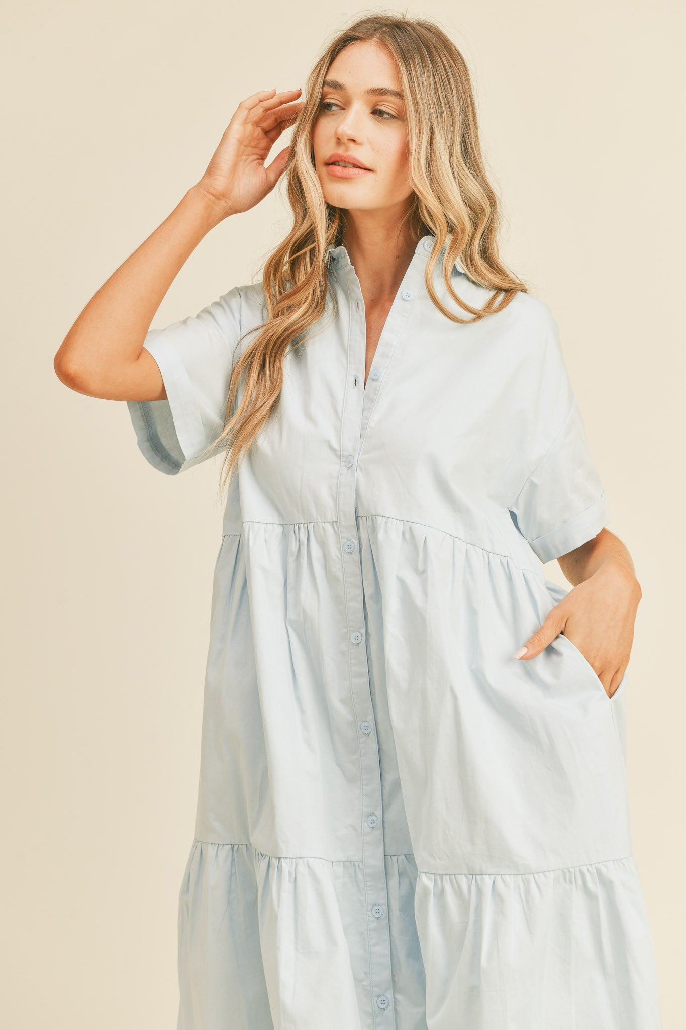 Light Blue Tiered Button Down Midi Dress
