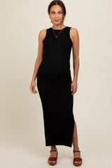 Black Sleeveless Knit Side Slit Maternity Midi Dress