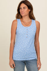 Blue Floral Ribbed Henley Tank Top
