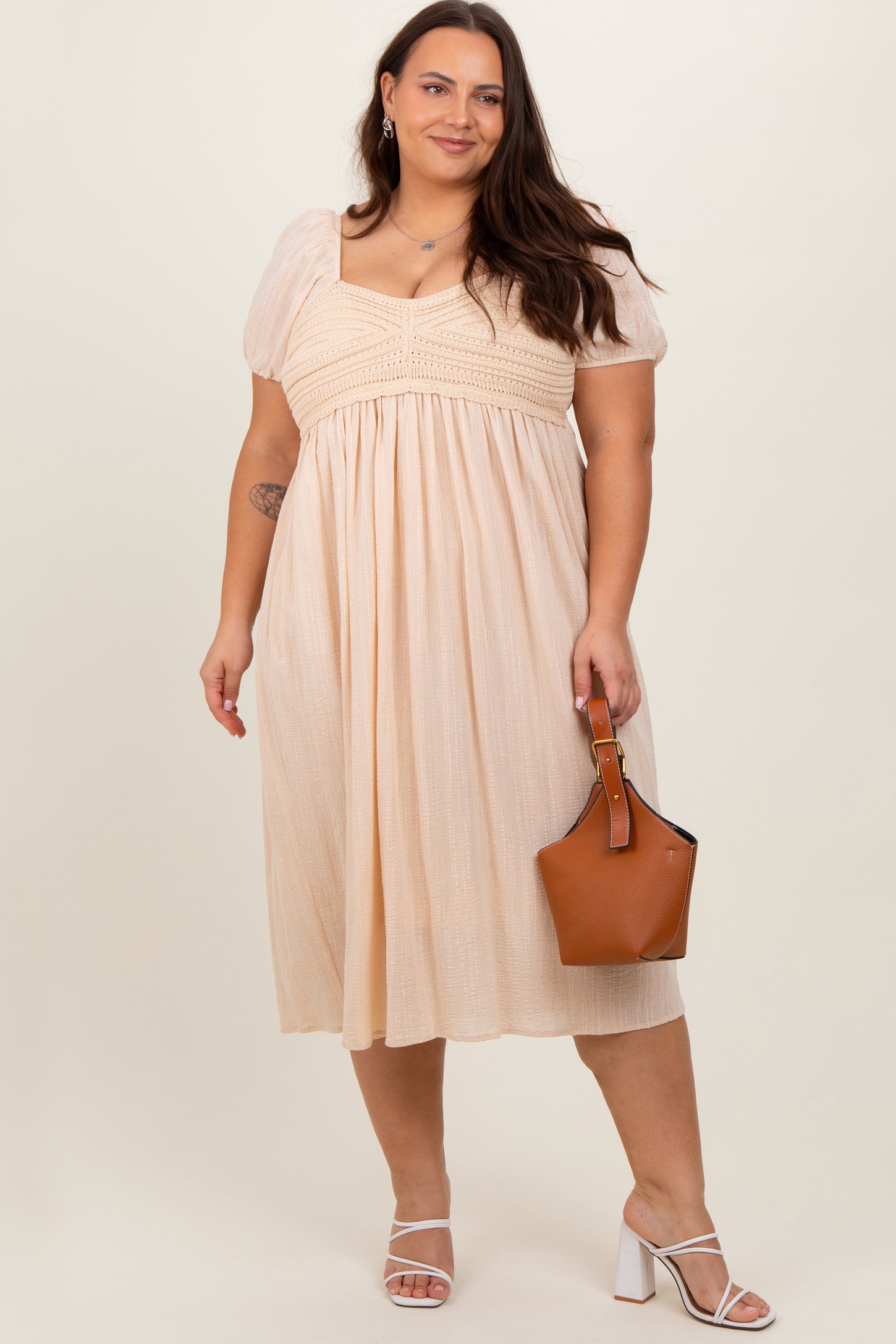 Cream Crochet Bodice Cotton Plus Maternity Midi Dress