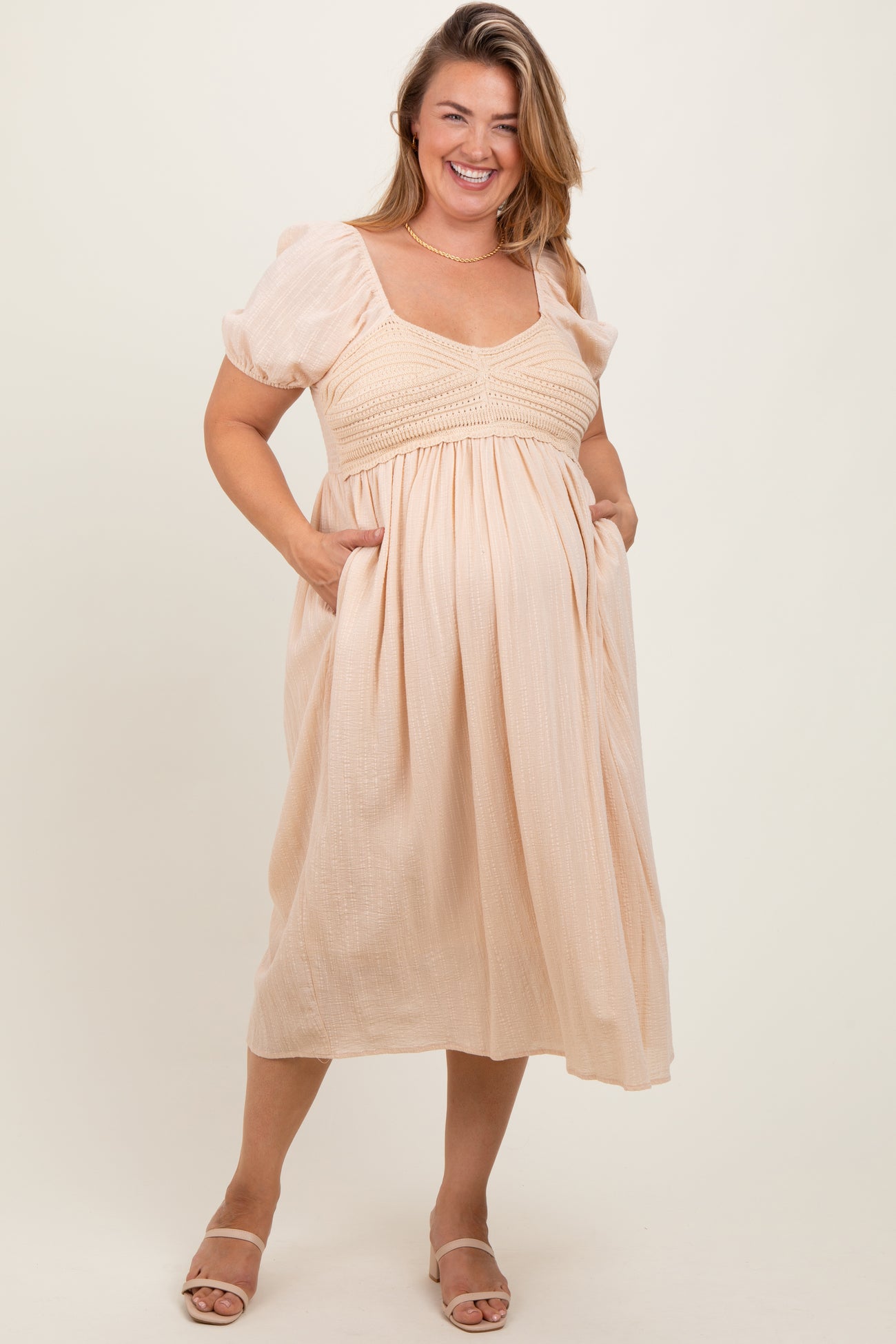 Cream Crochet Bodice Cotton Plus Maternity Midi Dress