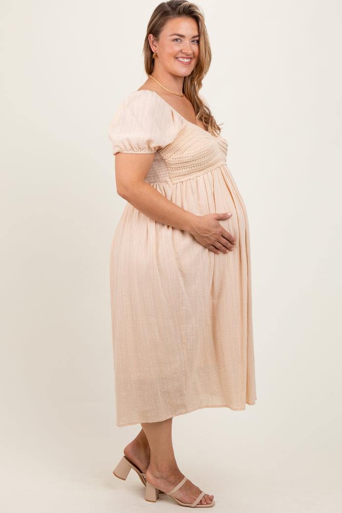 Cream Crochet Bodice Cotton Plus Maternity Midi Dress