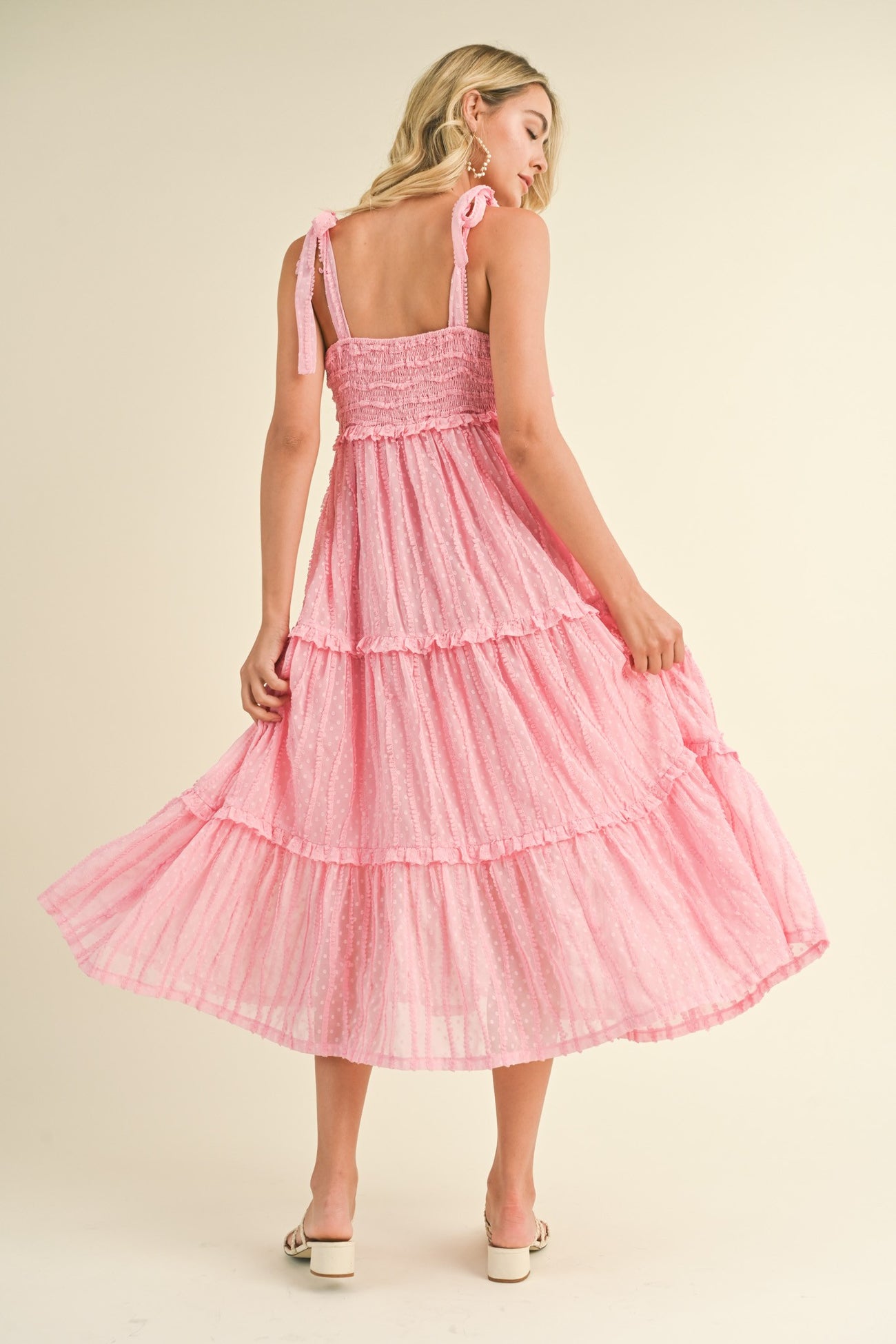 Pink Textured Tie Strap Tiered Midi Dress