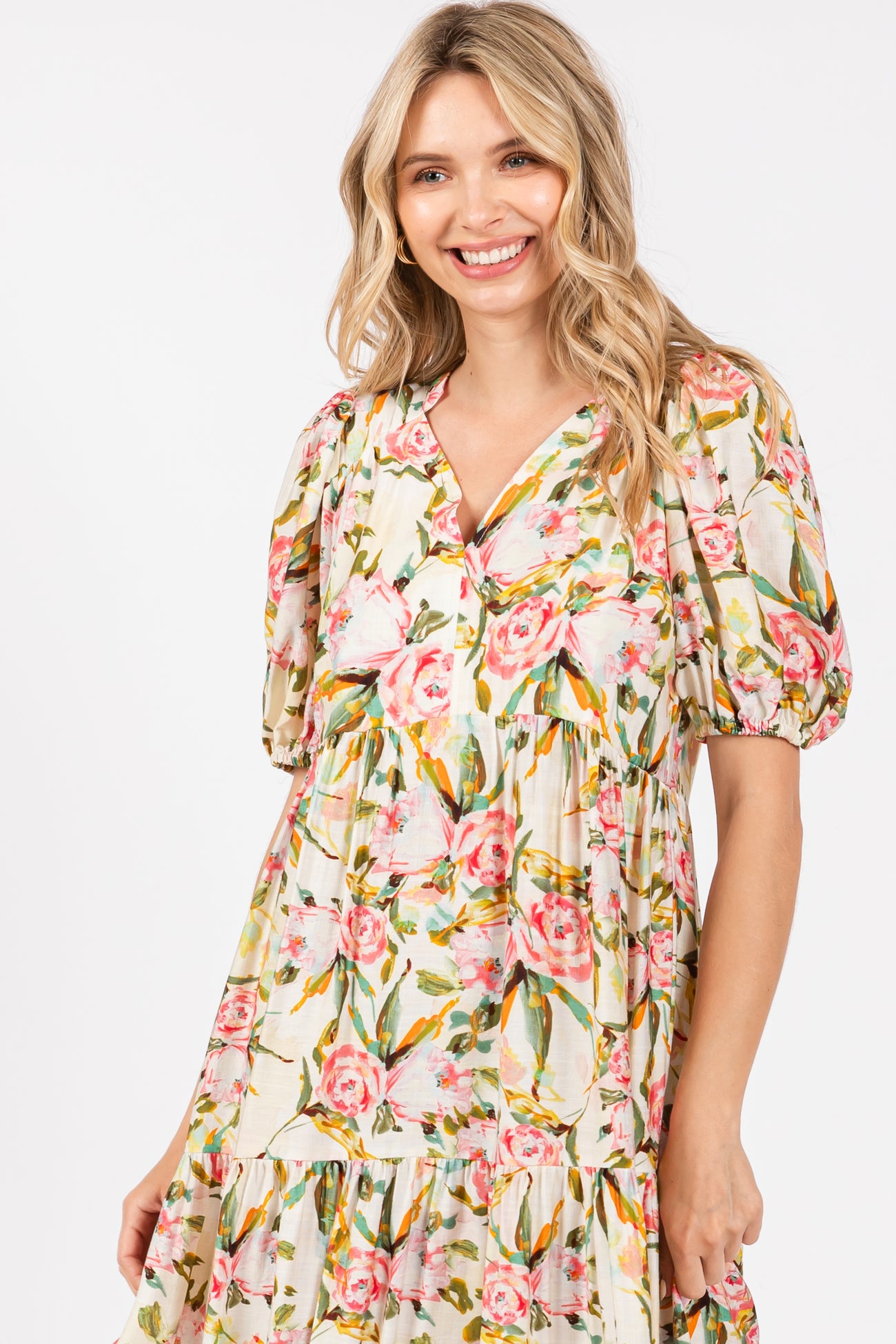 Cream Floral V-Neck Tiered Midi Dress