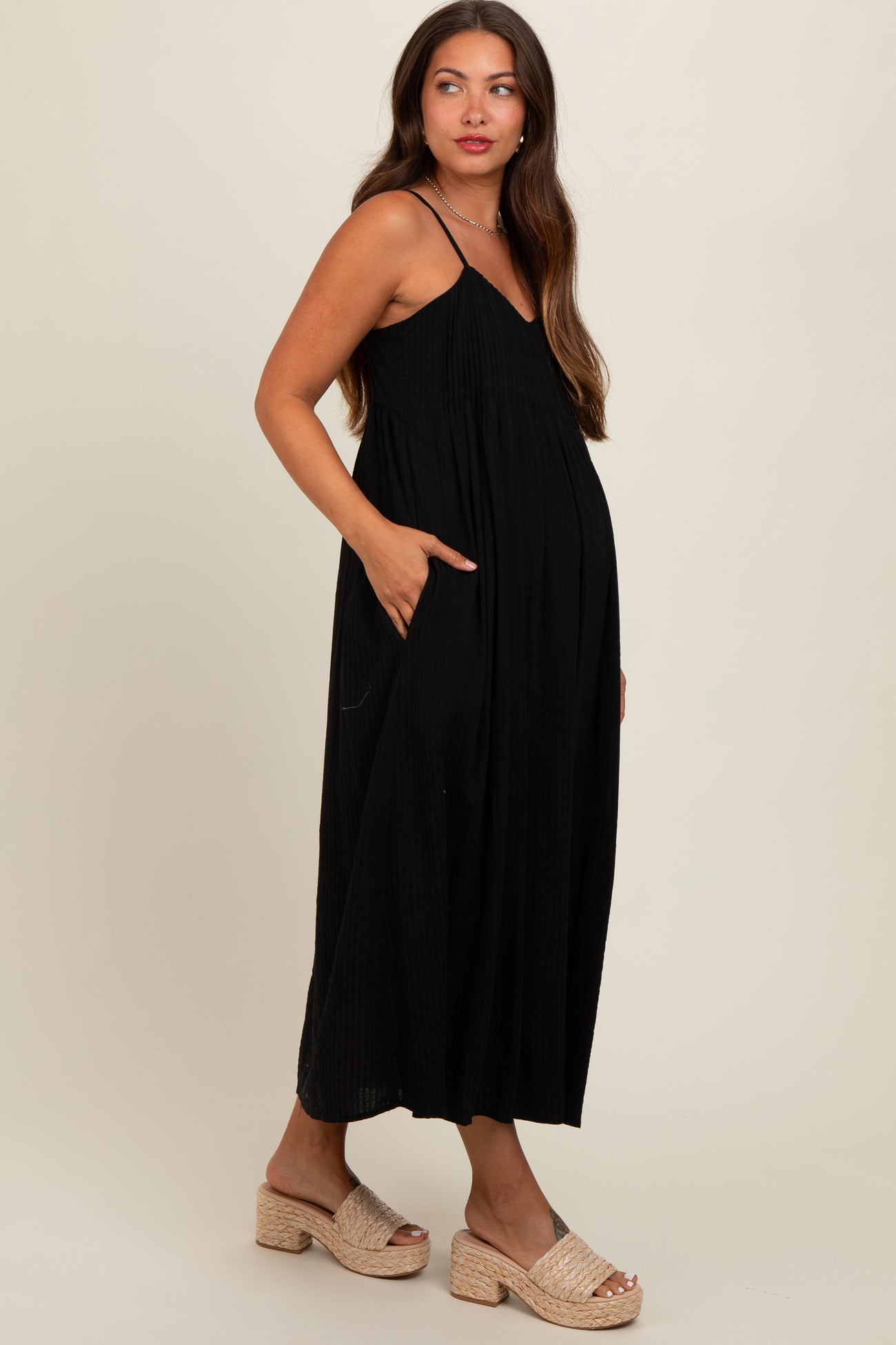 Black Striped V-Neck Sleeveless Side Pocket Maternity Dress