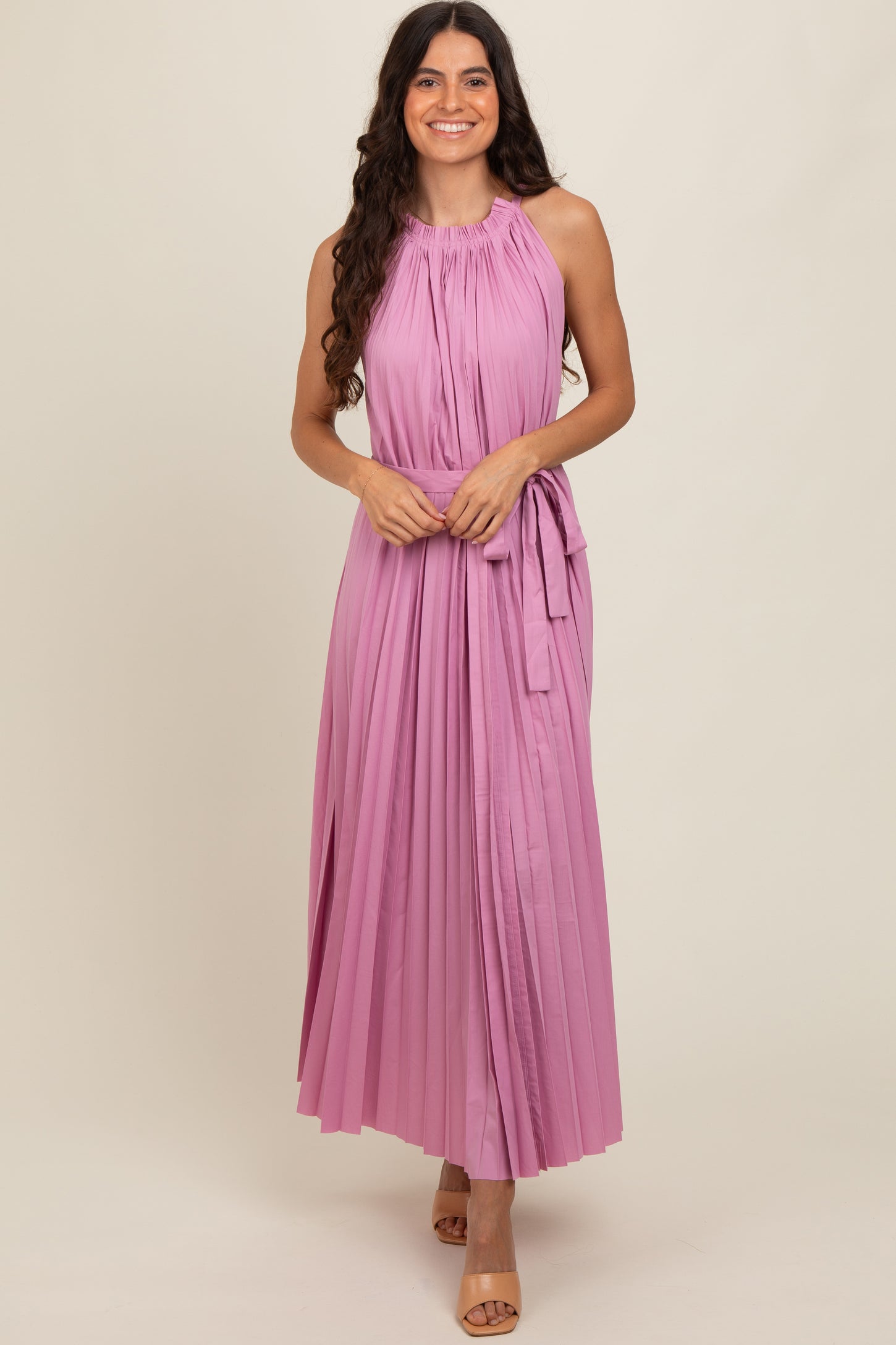 Pink Pleated Empire Tied Waist Midi Dress