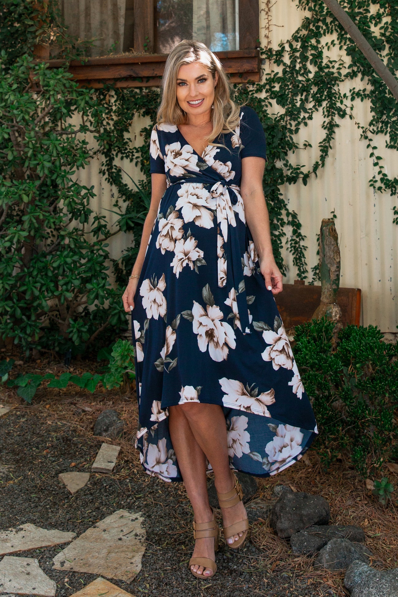 PinkBlush Navy Blue Floral Hi-Low Maternity Wrap Dress
