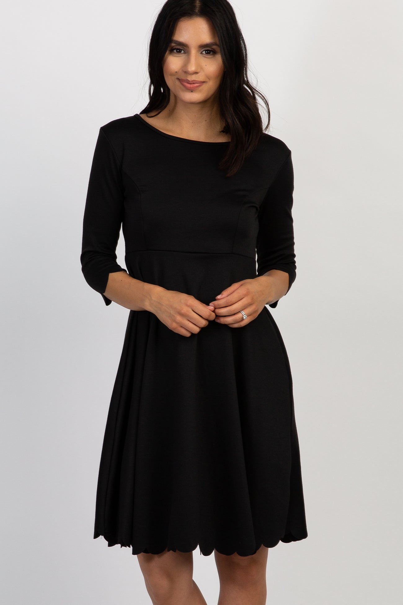 PinkBlush Black Solid Scalloped Hem Dress