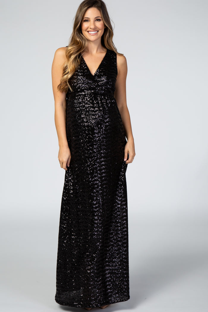 Black Sequin V Neck Sleeveless Maternity Evening Gown