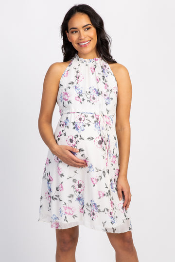 Ivory Floral Chiffon High Neck Maternity Dress
