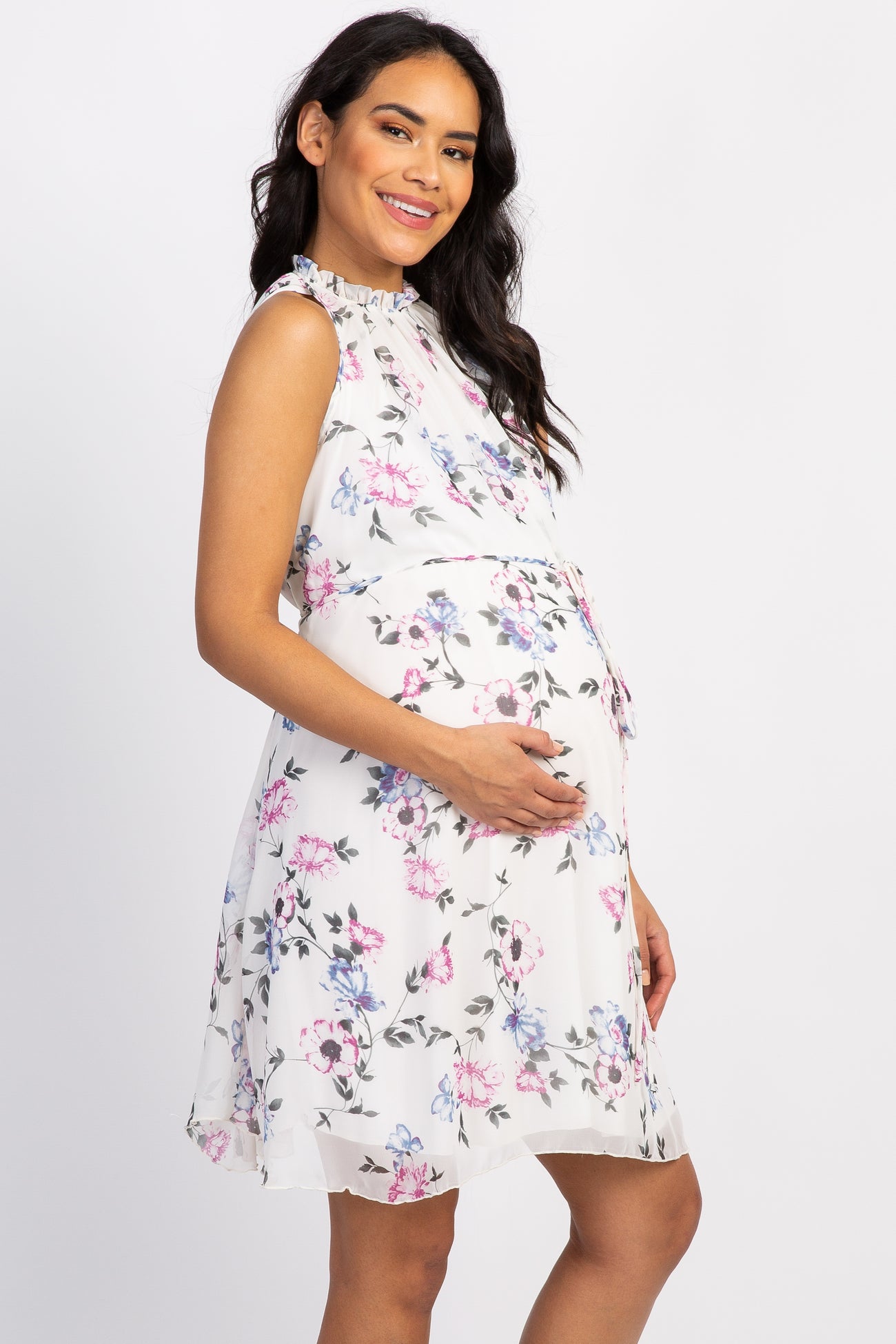 Ivory Floral Chiffon High Neck Maternity Dress