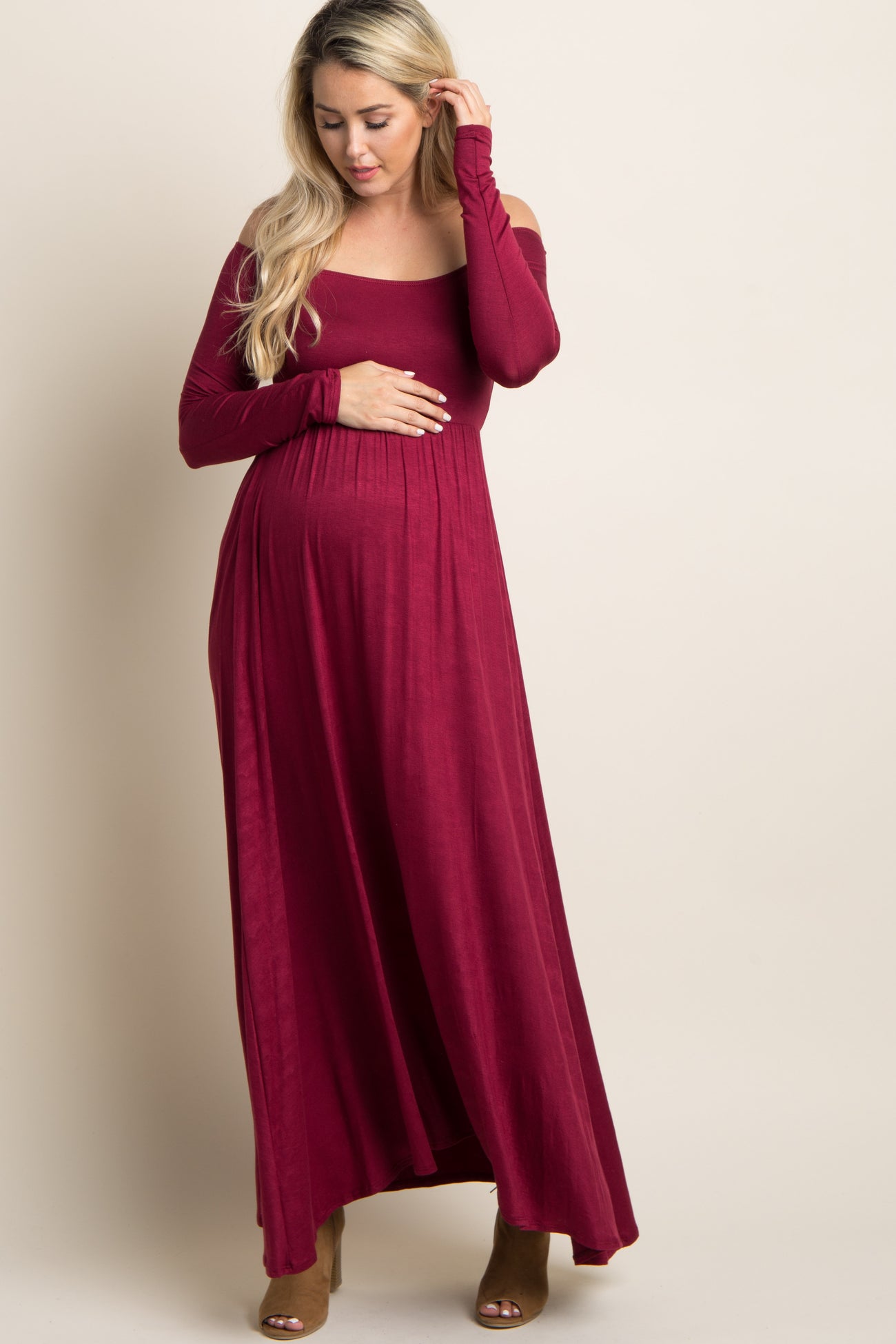 Dark Burgundy Solid Off Shoulder Maternity Maxi Dress