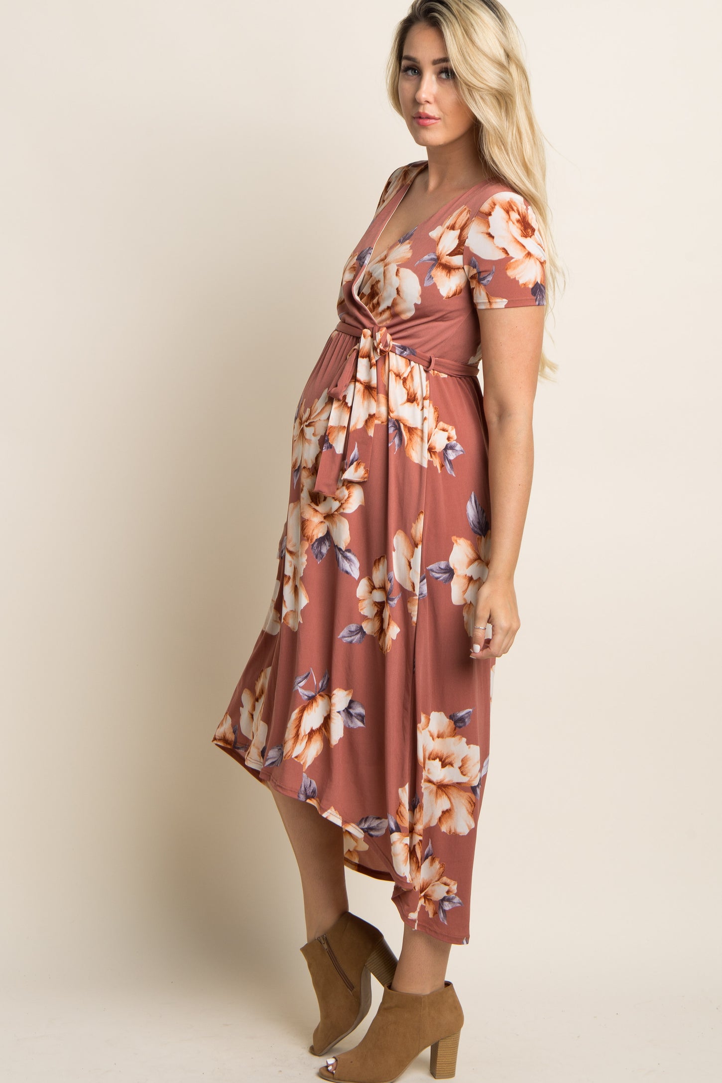 Rust Floral Hi-Low Maternity Wrap Dress