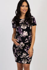 Black Floral Print Fitted Maternity Dress