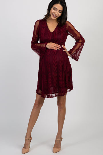 PinkBlush Burgundy Chevron Mesh Overlay Maternity Dress