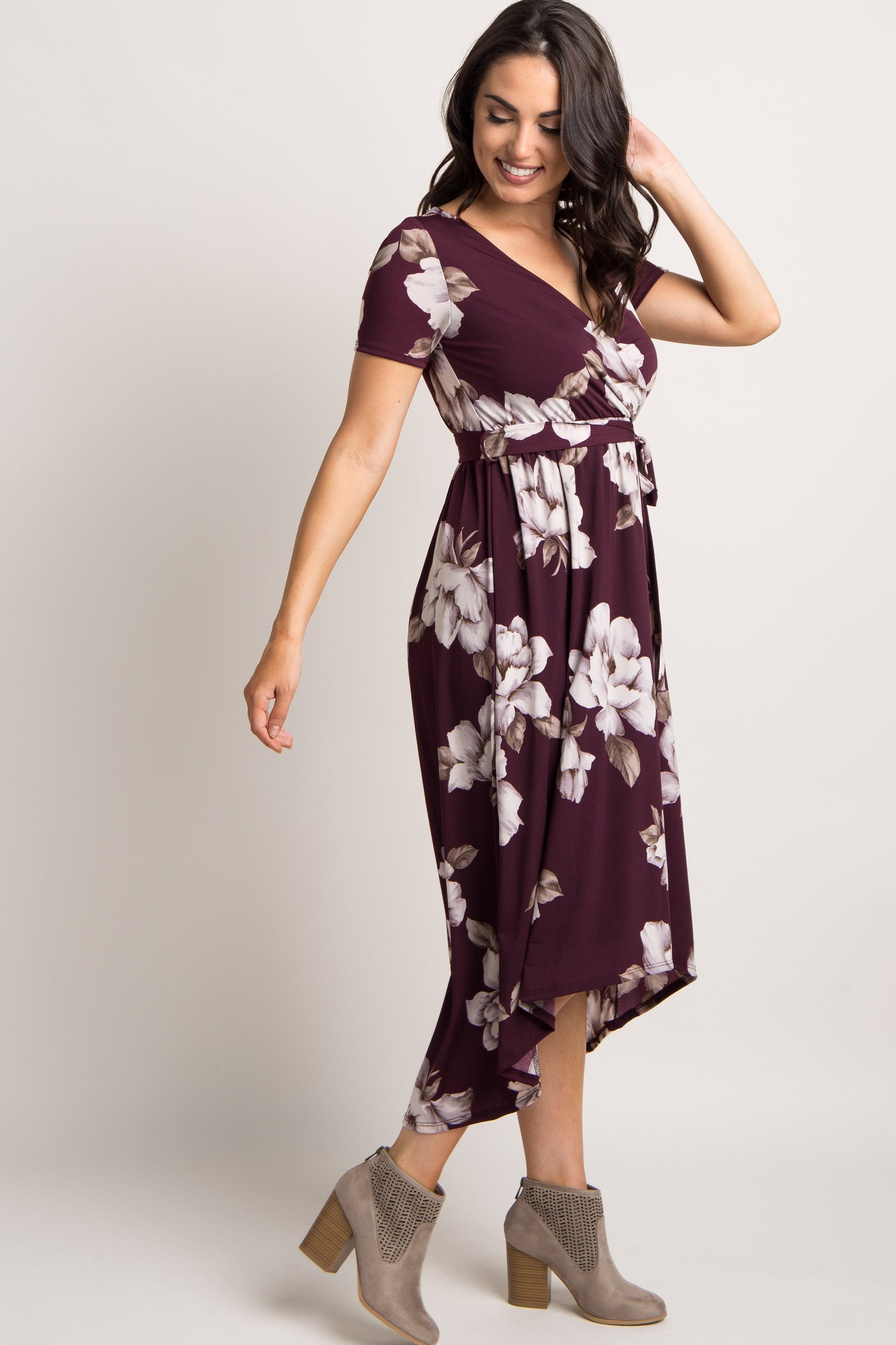 Plum Floral Hi-Low Wrap Dress