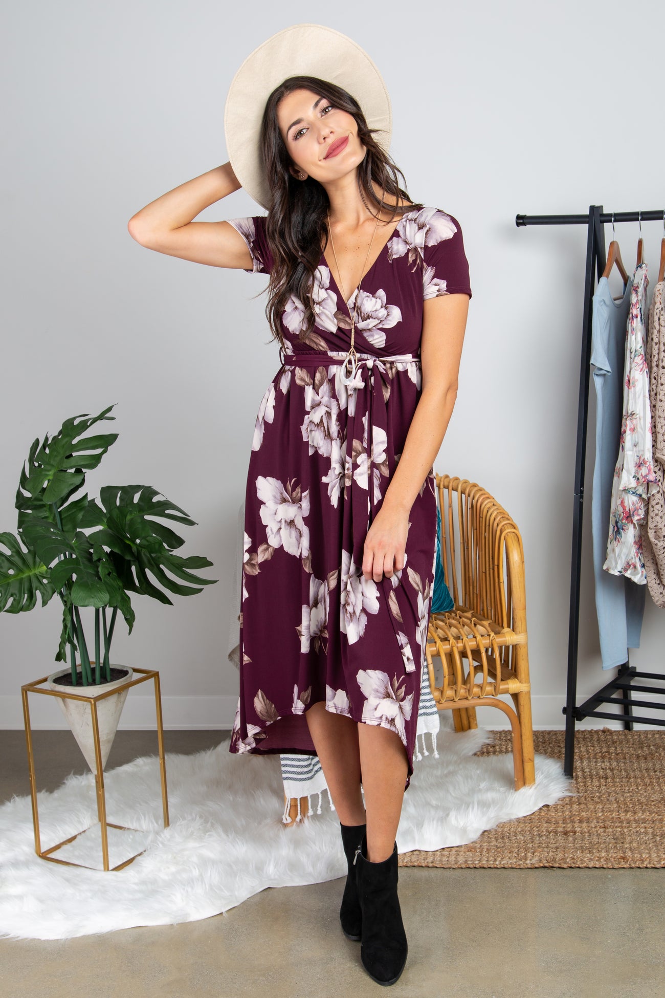 Plum Floral Hi-Low Wrap Dress