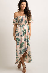 PinkBlush Peach Leaf Print Smocked Off Shoulder Dress