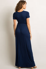 Navy Blue Solid Side Pocket Maxi Dress