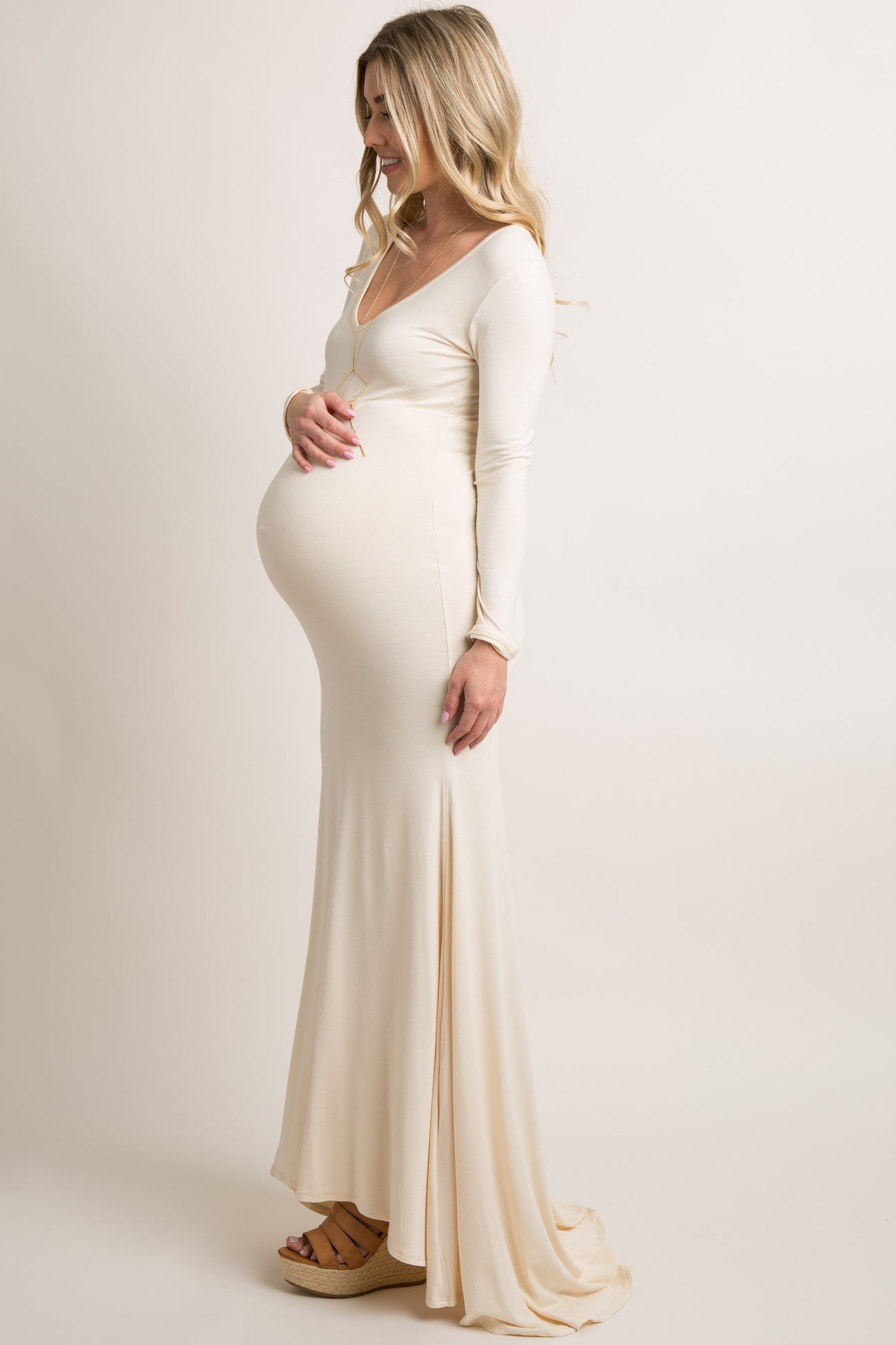 PinkBlush Beige Long Sleeve Photoshoot Maternity Gown/Dress